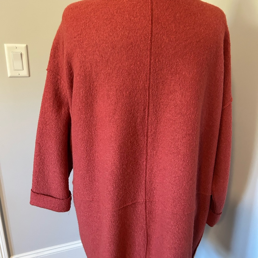 Spring weight, boiled wool coat. Open front, knee length. Subdued rust color. - Picture 2 of 7